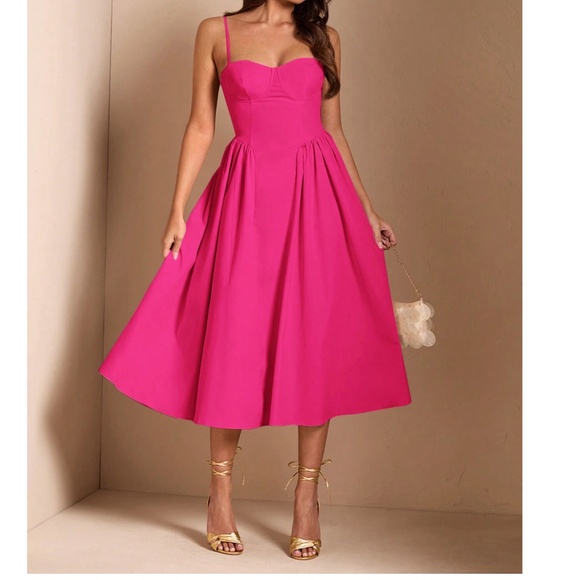 Classic Solid High Waist Flared Cami Party Evening Dress - Picture 8 of 9